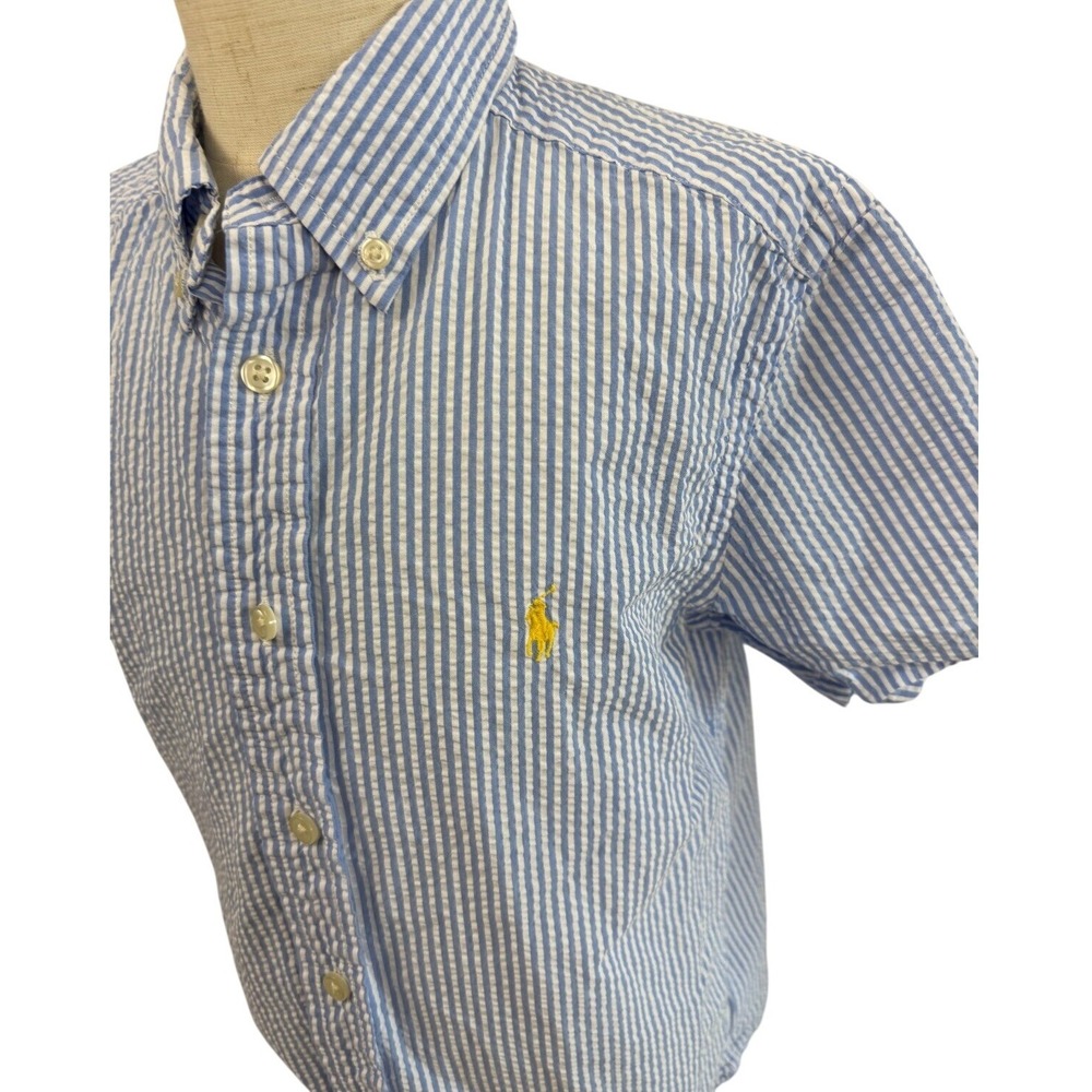 Polo Ralph Lauren Youth Boys Blue Seersucker Striped Short Sleeve Shirt M 10-12